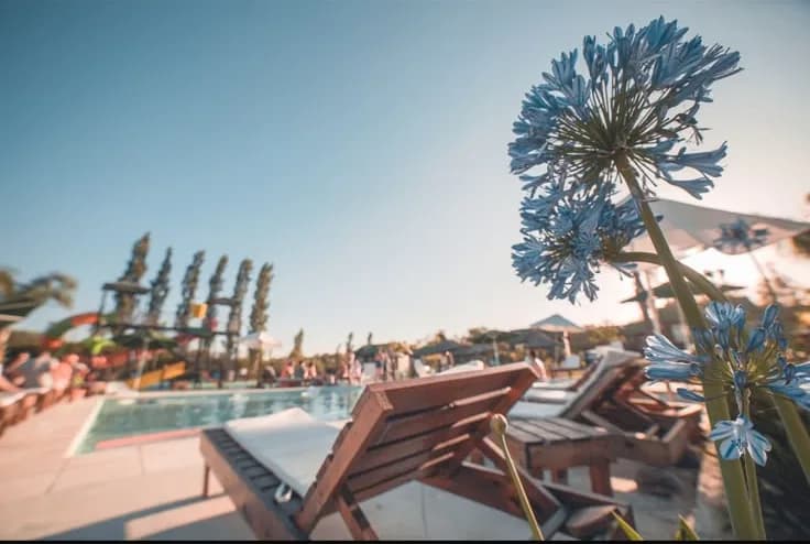 Reposeras del solárium junto a la pileta al atardecer, con los toboganes al fondo