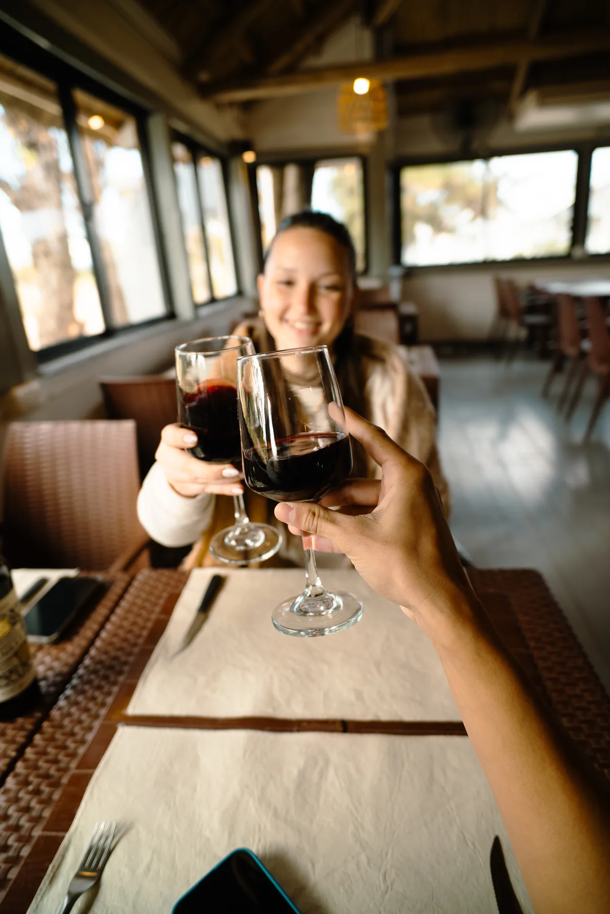 Un brindis con vino tinto en el salón vidriado
